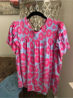 Charter Club Pink Floral Smocked Yoke Blouse on Light Blue